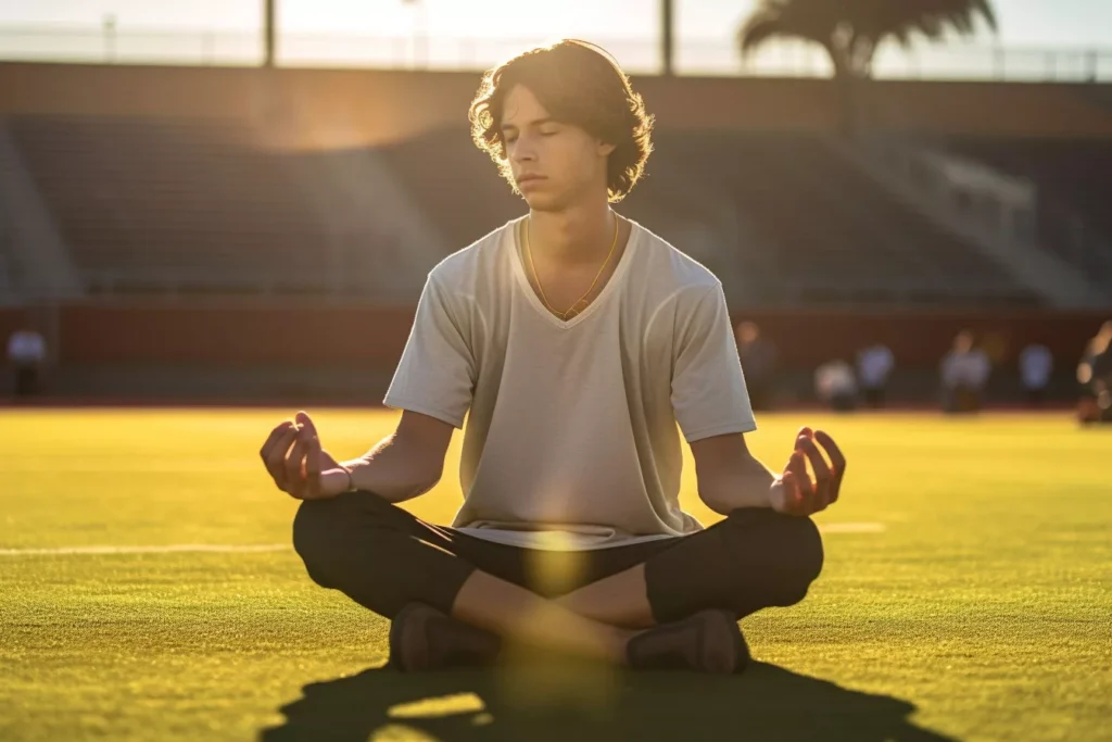 Young man sitting cross-legged on grass, eyes closed, hands in meditation pose