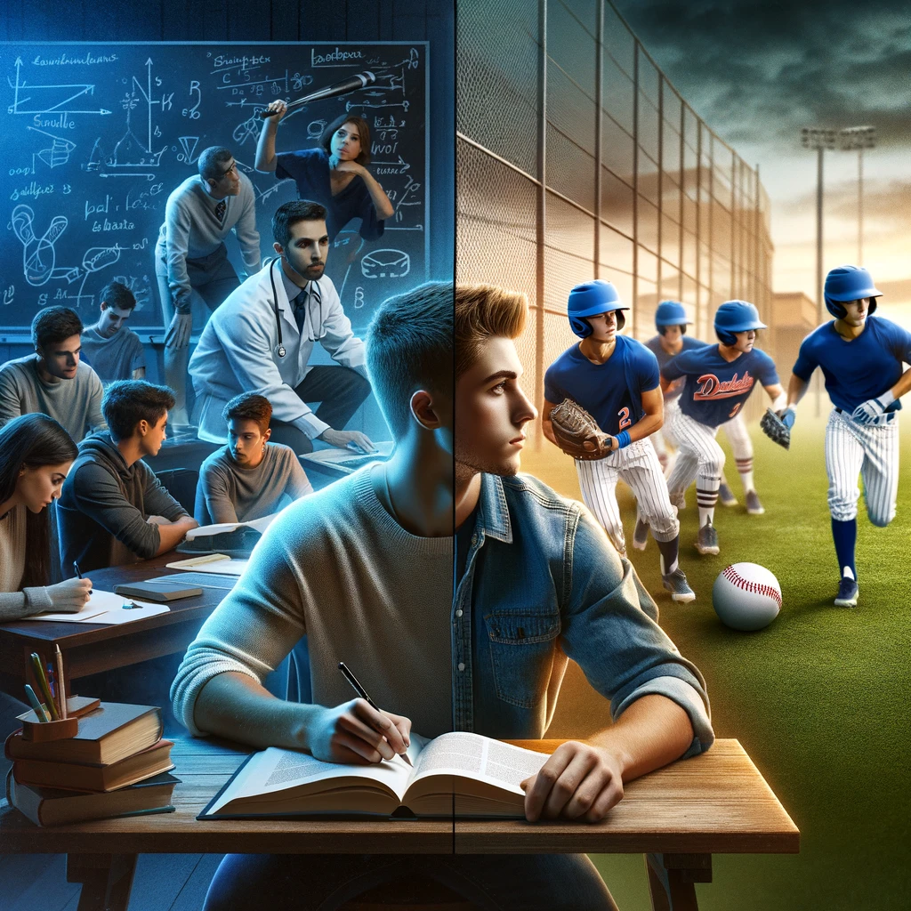 Split image showing students studying on one side and baseball players on the other