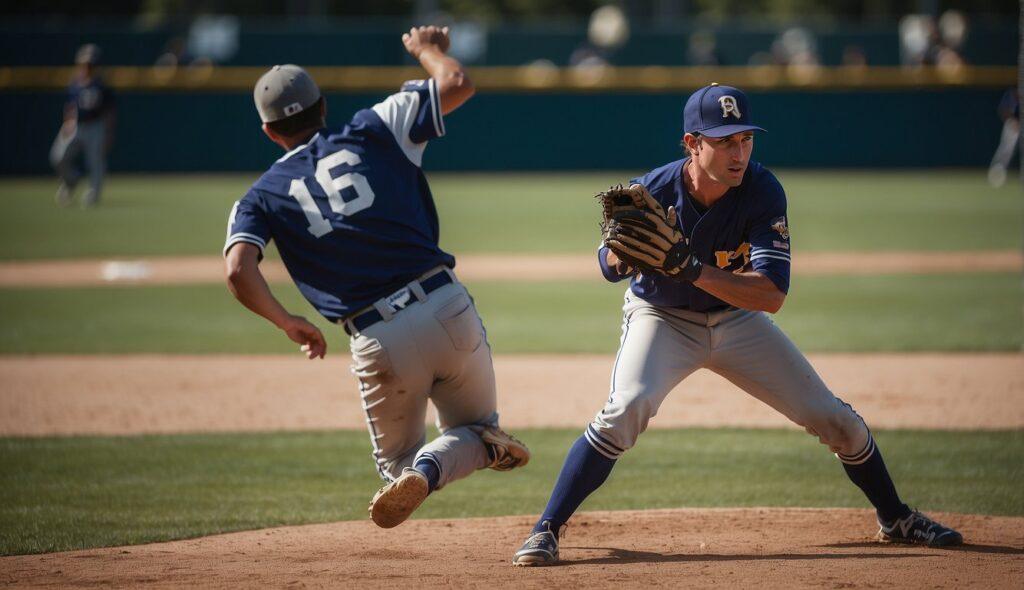 Two baseball players on the field, one throwing while the other prepares to catch