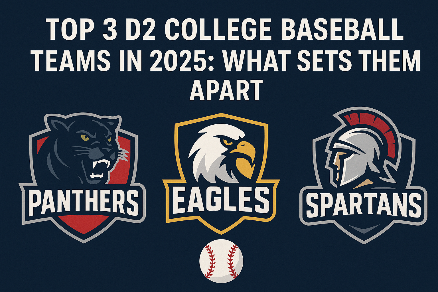 A digital vector graphic featuring three fictional Division 2 college baseball team logos—Panthers, Eagles, and Spartans—beneath the bold title “TOP 3 D2 COLLEGE BASEBALL TEAMS IN 2025: WHAT SETS THEM APART,” with a central baseball icon on a dark navy background.