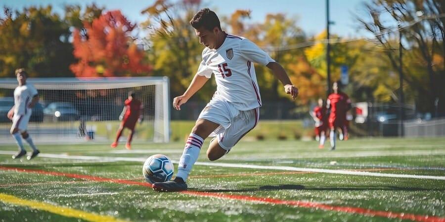 Male soccer player in a white uniform kicking a ball on a turf field
