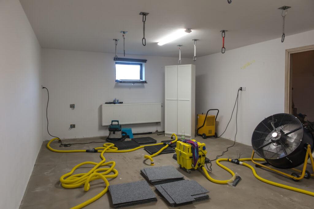 Renovation tools and equipment in an empty garage