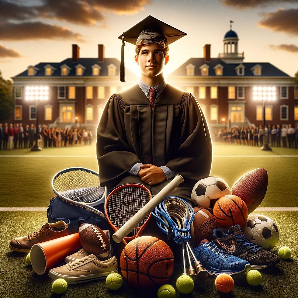 Graduate in cap and gown sitting amid various sports equipment