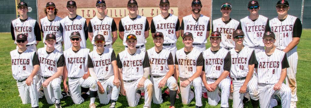Group photo of baseball players in striped uniforms and hats, standing on grass