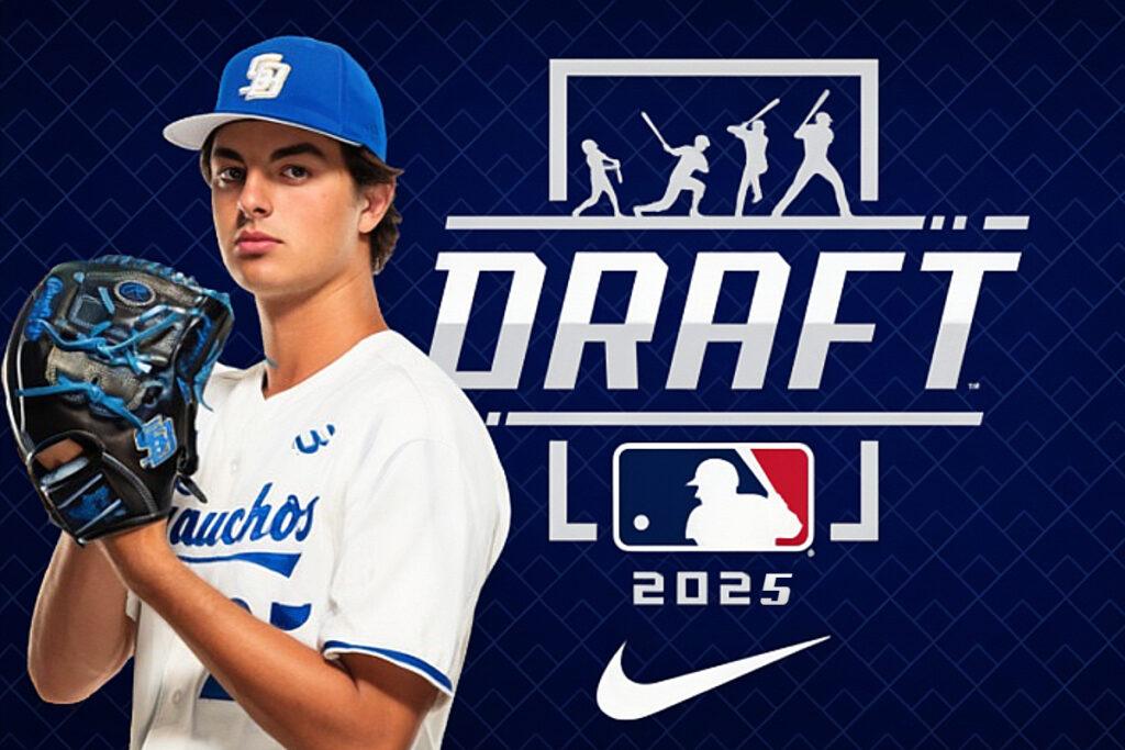 Youth baseball player wearing a blue cap and glove, posed for the MLB Draft 2025