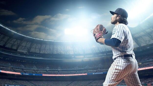 Baseball pitcher in striped uniform preparing to pitch on a brightly lit field
