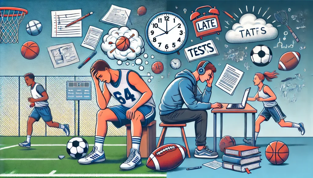 Two young athletes in different settings: one stressed at a desk, the other jogging on a field.