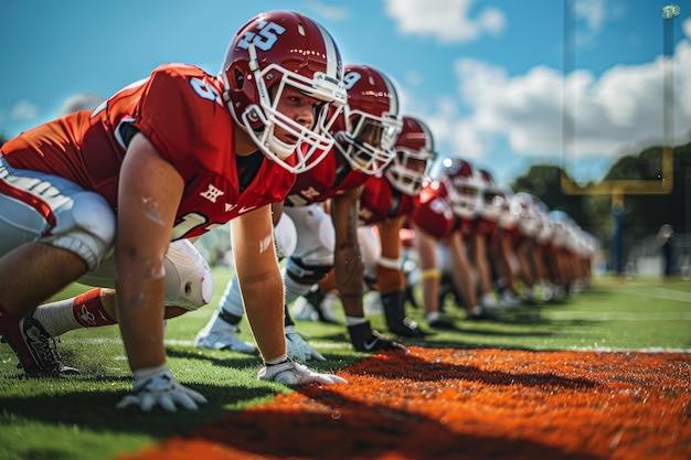 Line of football players in red uniforms getting ready in a stance on a green field